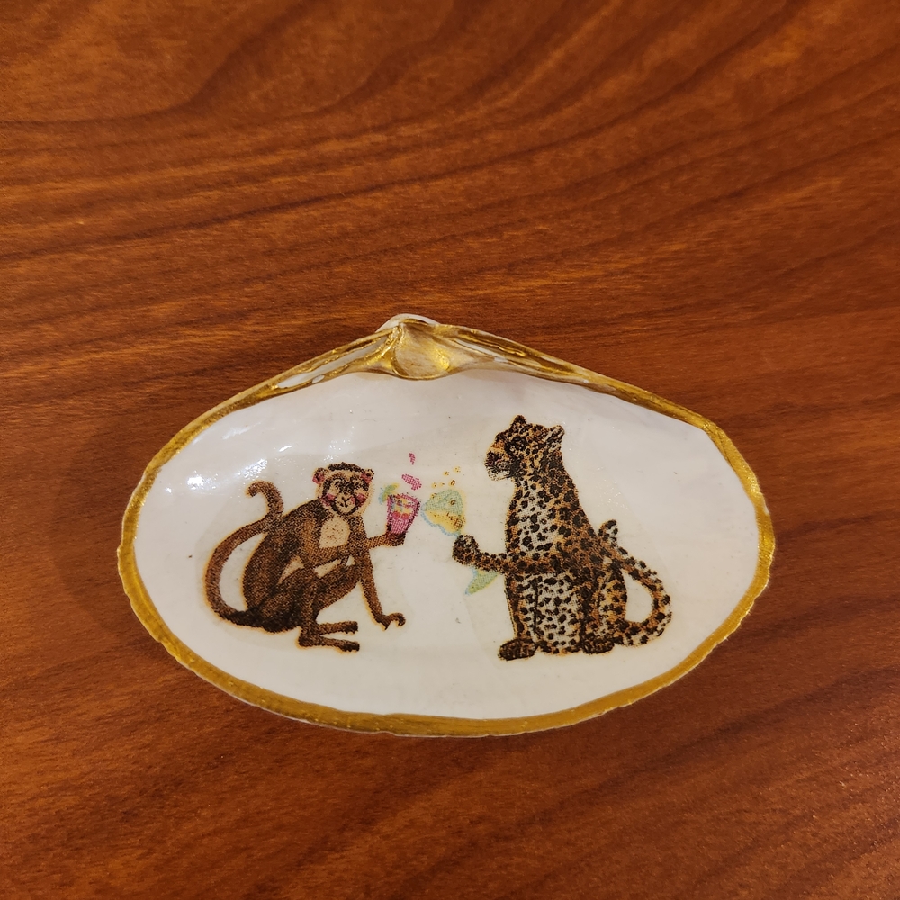Decorative Trinket Dish Seashell with Monkey and Leopard Handpainted Design